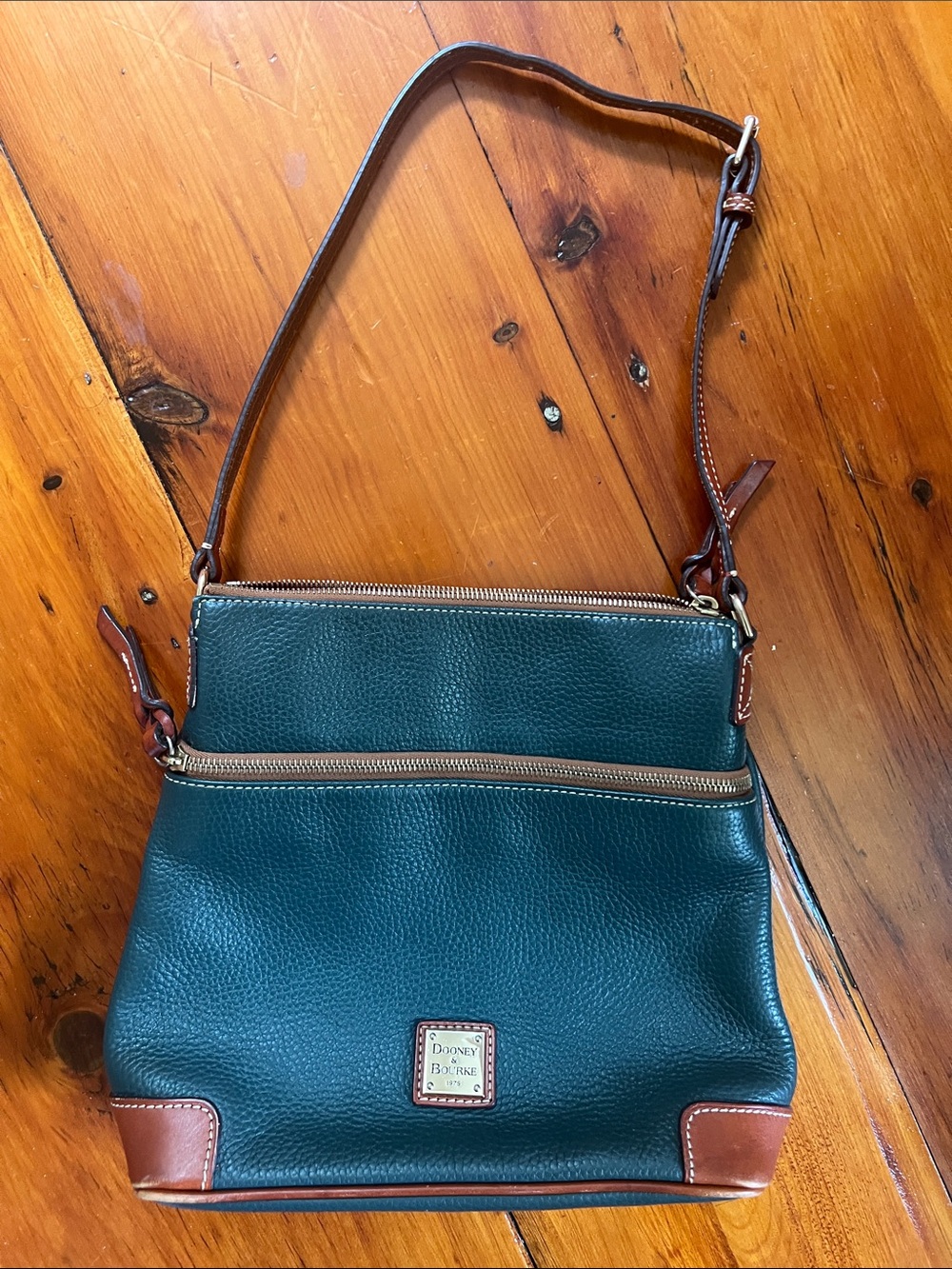 Dooney & Bourke Teal Leather Shoulder Bag with Brown Trim